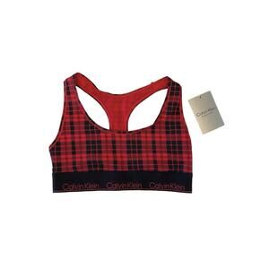 Calvin Klein Modern Cotton Holiday Red Plaid‎ Unlined Bralette Size S NWT $30